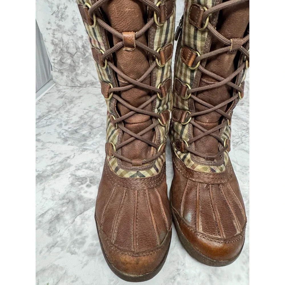 UGG Australia Adirondack Tall Plaid Snow Boots Brown Leather Sheepskin   10